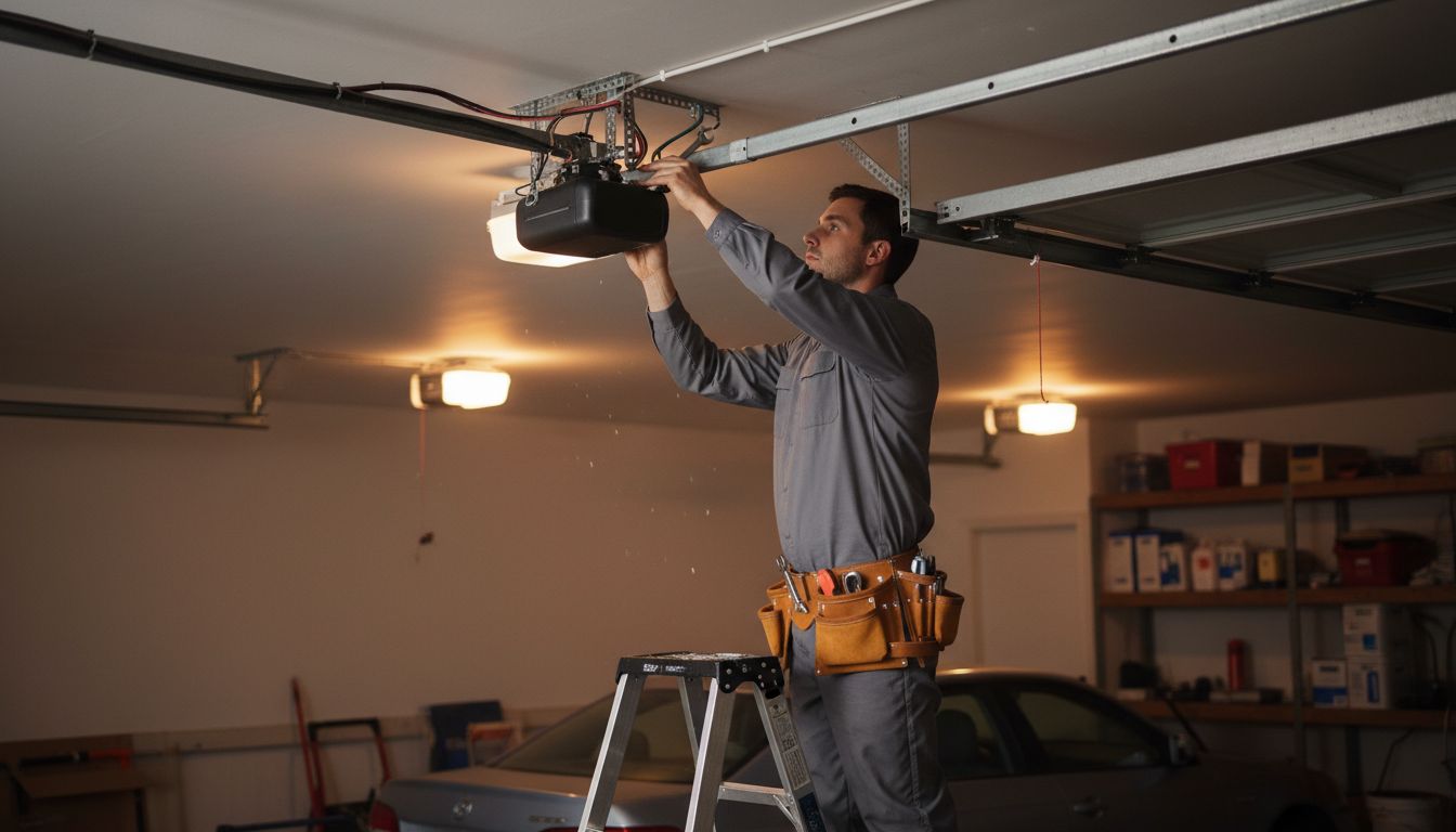 Technician servicing a garage door opener motor mounted on the ceiling track