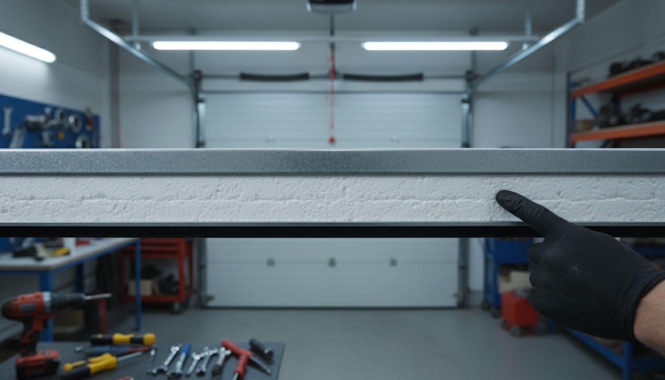 Technician pointing at the foam insulation layer inside an insulated garage door panel
