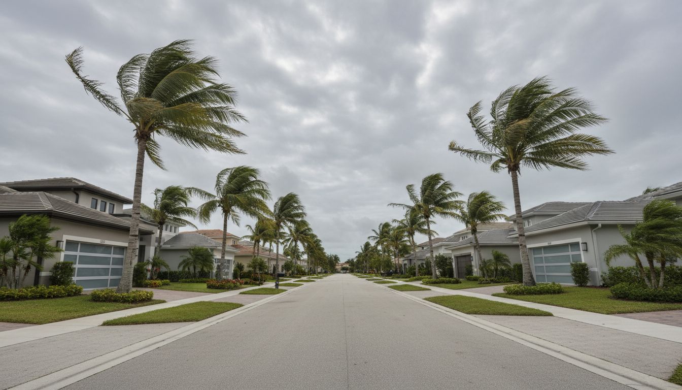 Suburban South Florida street with palm trees swaying in strong wind past garage doors
