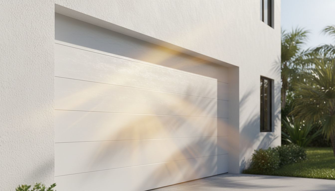 Sunlit white insulated garage door on a Florida home showing energy-efficient design