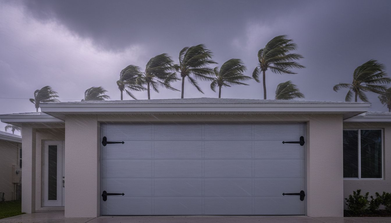 Reinforced garage door standing strong against high winds with palm trees bending in a storm