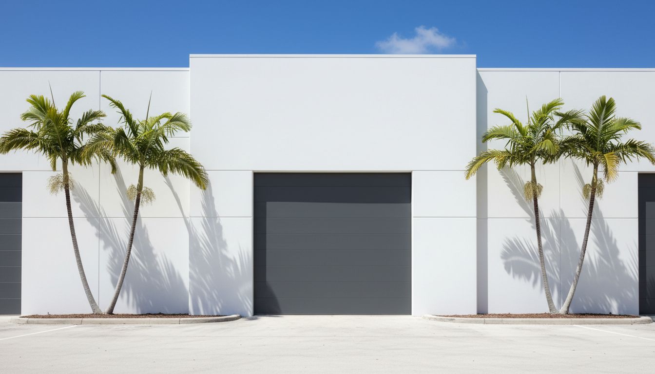 Modern commercial warehouse with a sleek gray sectional garage door and palm trees