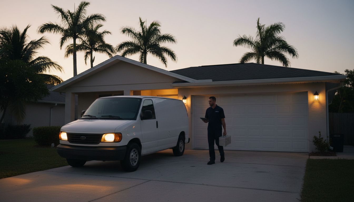 Technician performing emergency garage door repair at night