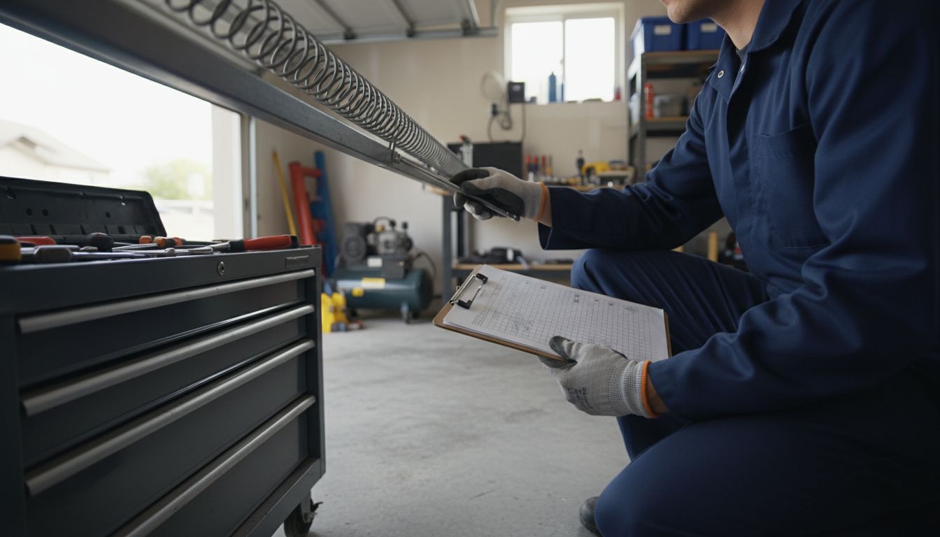 Garage door technician inspecting springs and track with a code-compliance checklist