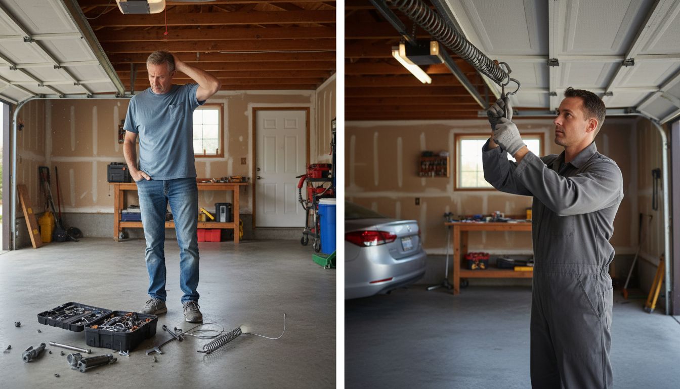 Split comparison of a DIY homeowner versus a professional technician repairing a garage door spring