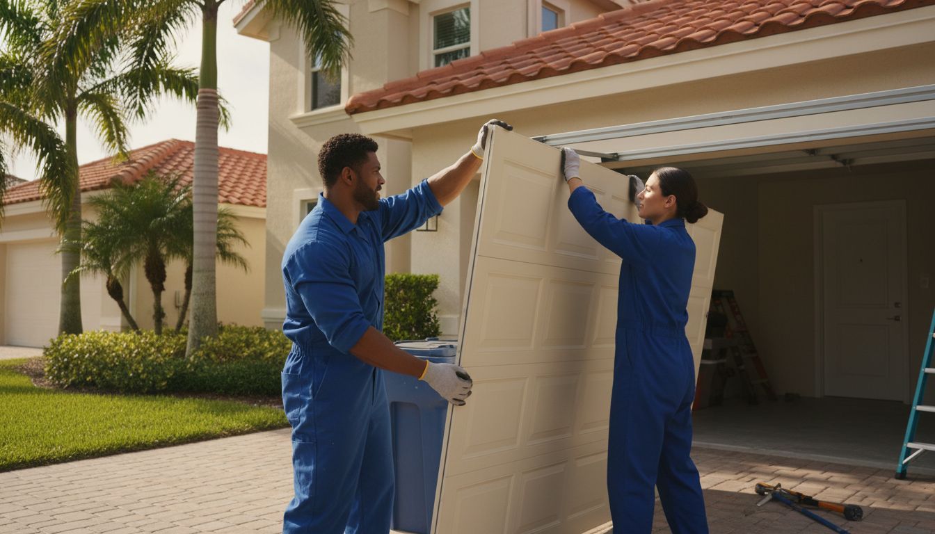 Two garage door repair technicians installing a garage door panel together