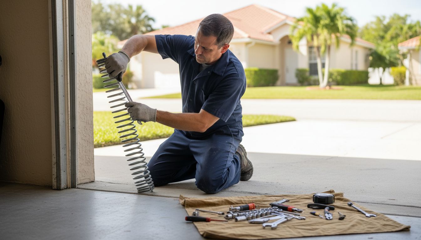 Technician adjusting a torsion spring assembly on an open garage door in South Florida