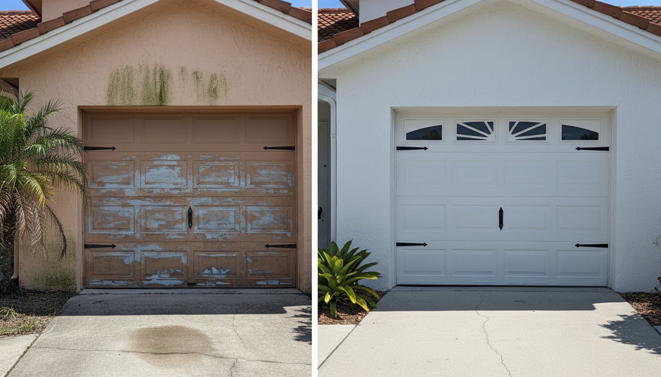 Side-by-side comparison of a worn older garage door and a modern replacement door