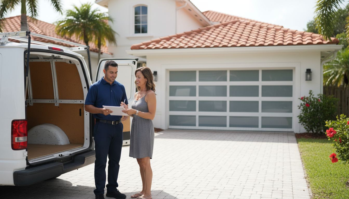 Garage door repair technician reviewing a written cost estimate with a South Florida homeowner in the driveway