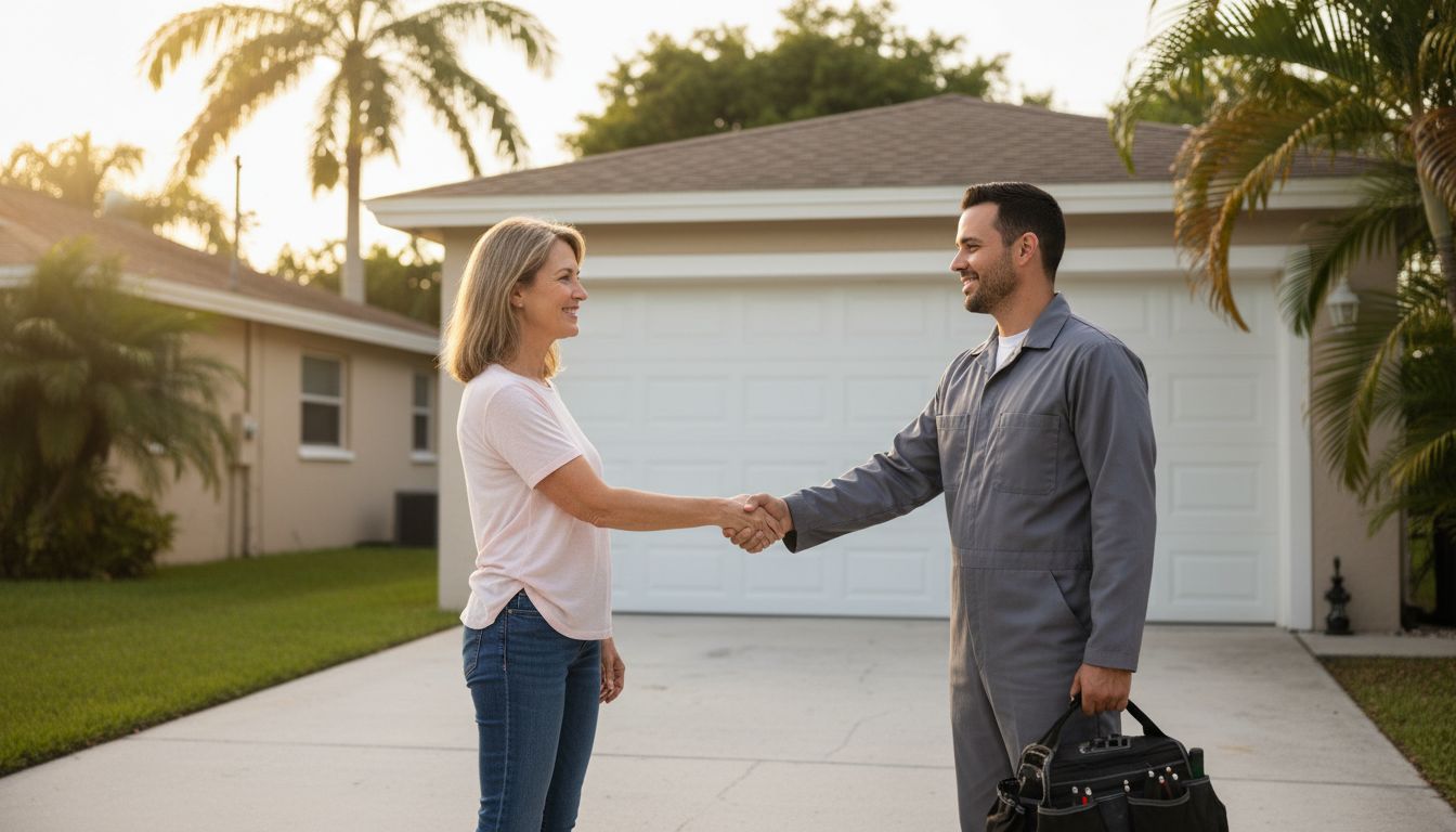 Homeowner shaking hands with a garage door repair technician after a job well done