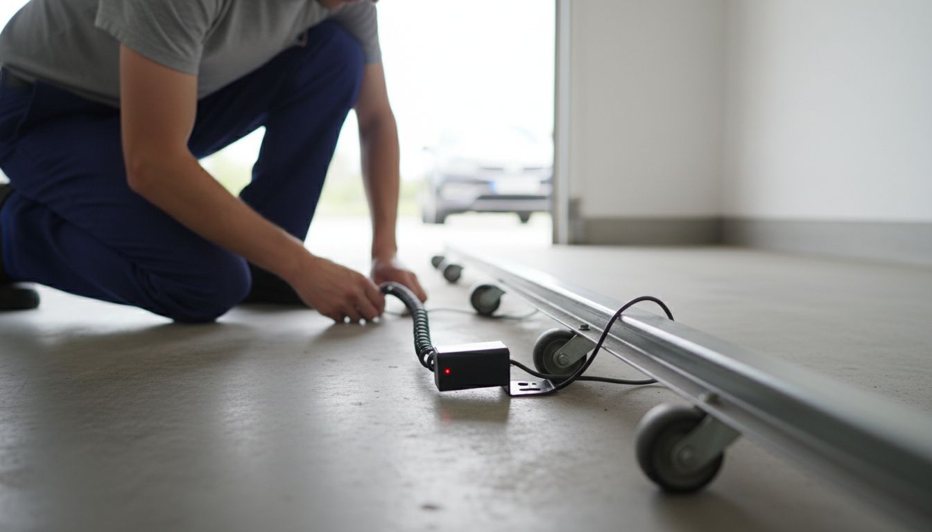 Technician inspecting a garage door photo-eye safety sensor near the floor track