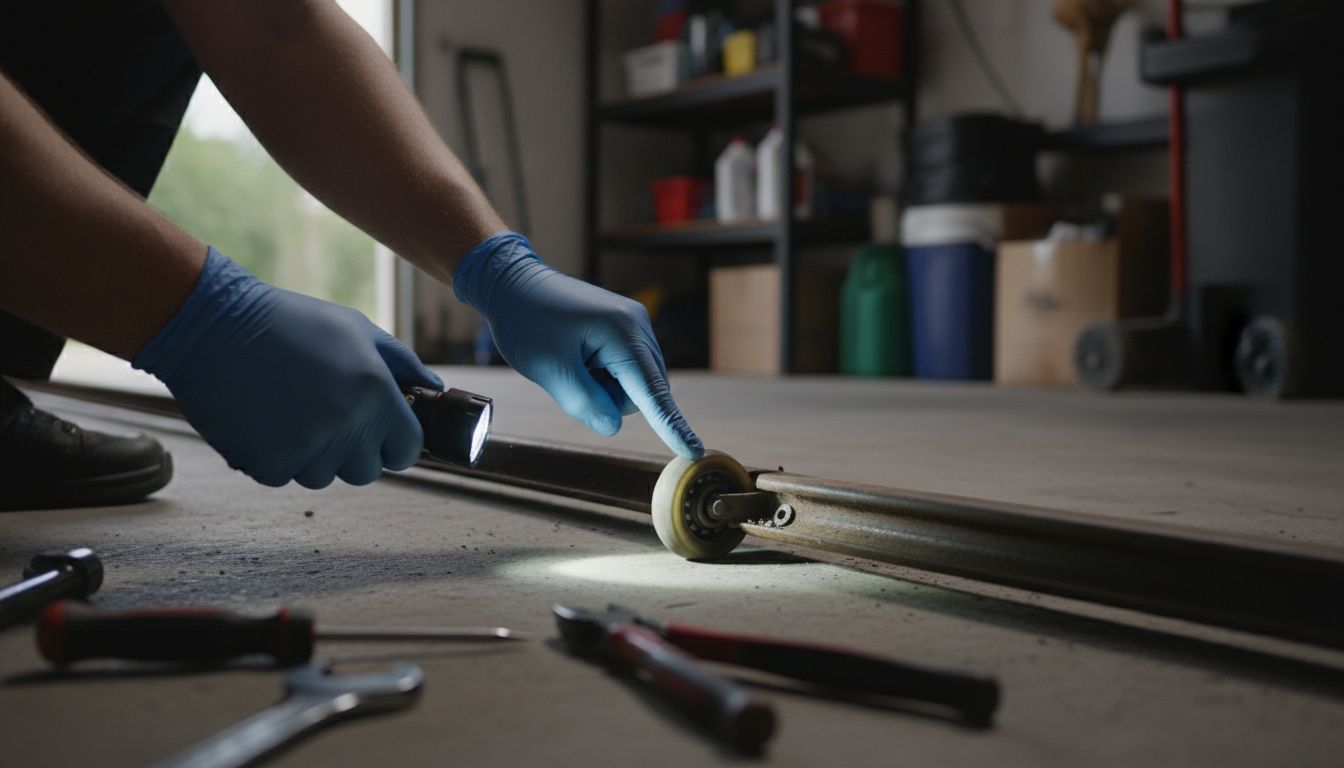 Technician inspecting a stuck garage door roller and track with a flashlight