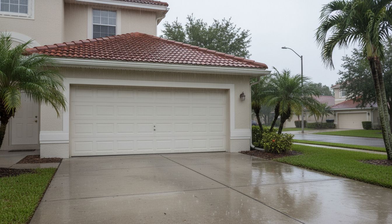 Residential garage door during a South Florida rainstorm