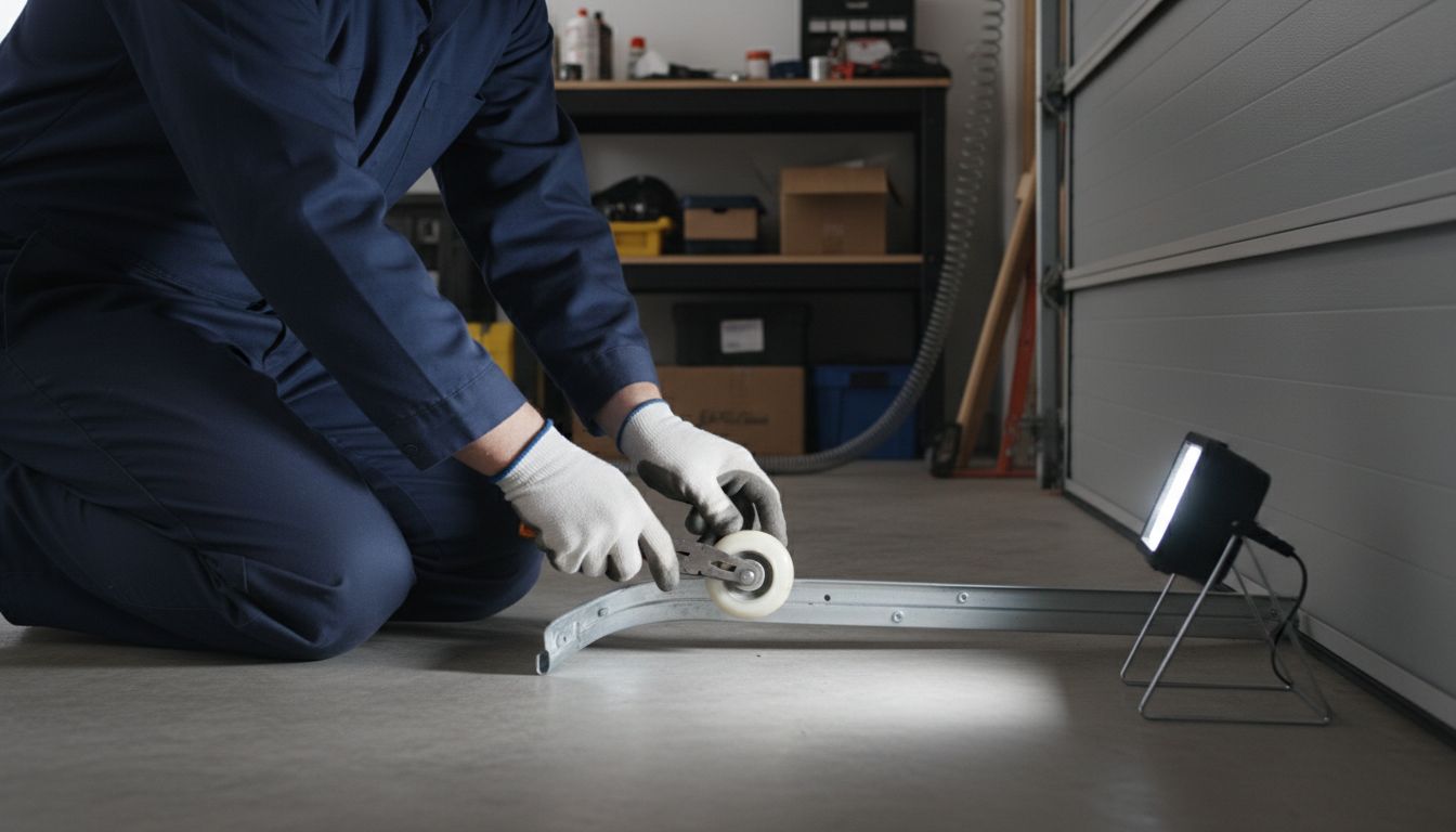 Garage door technician kneeling to re-seat a roller that came off the metal track