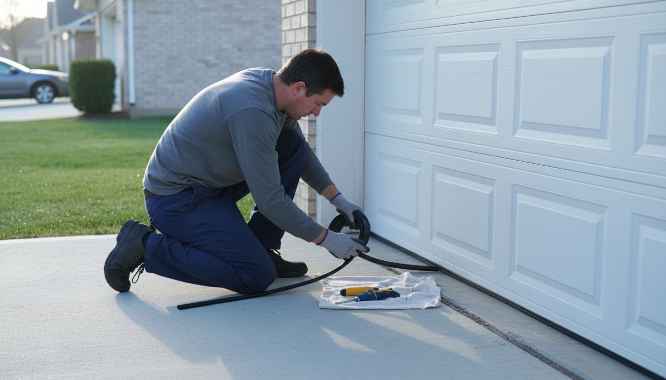 Technician applying weatherstripping seal to the bottom edge of a garage door