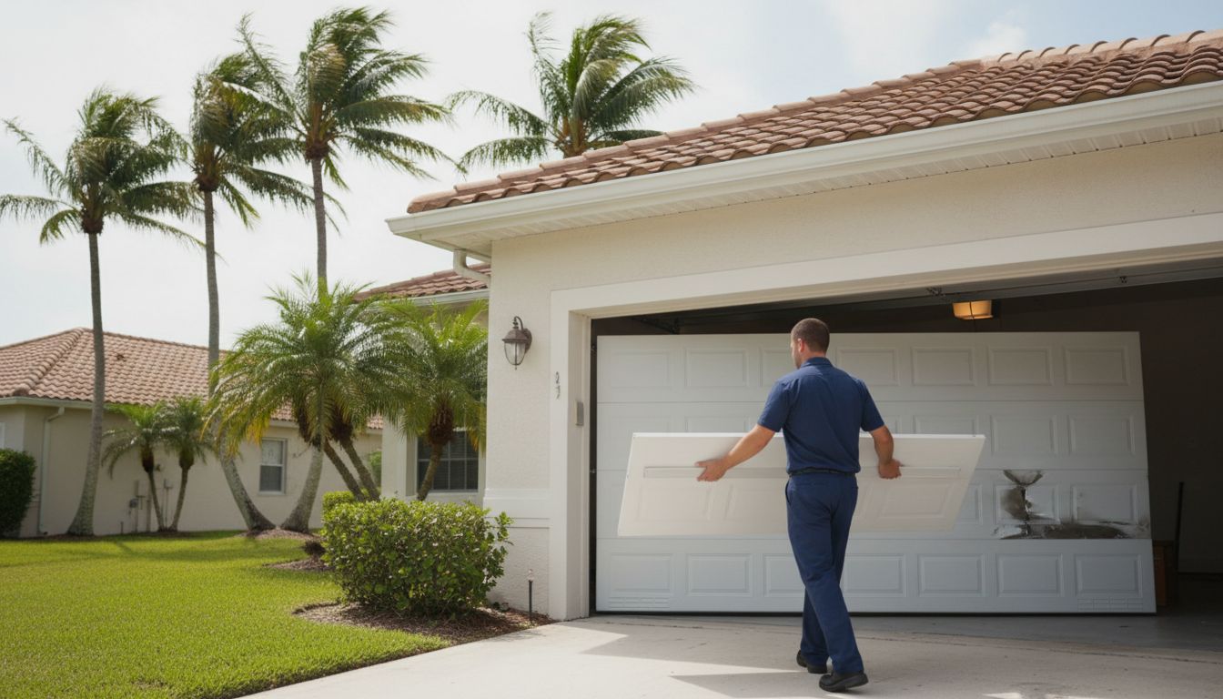 Technician replacing a dented garage door panel in South Florida