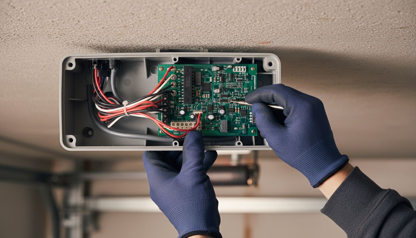 Technician examining the circuit board inside an open garage door opener receiver housing
