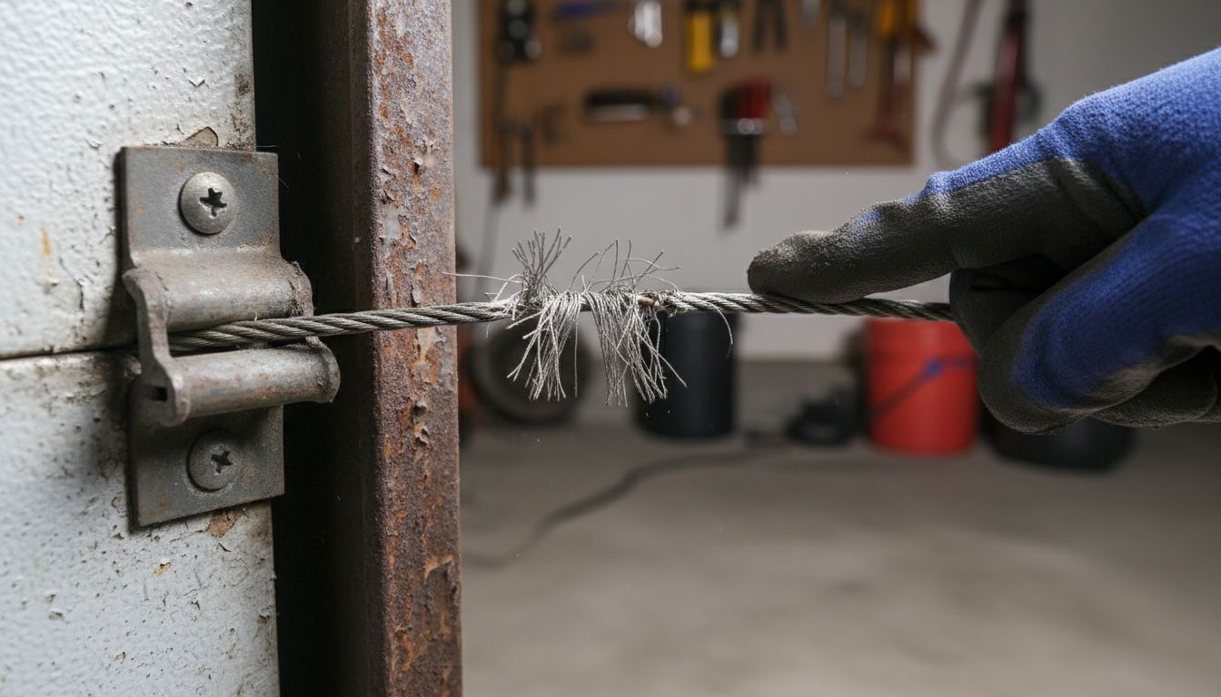 Close-up of a frayed garage door cable and rusted track showing signs of wear