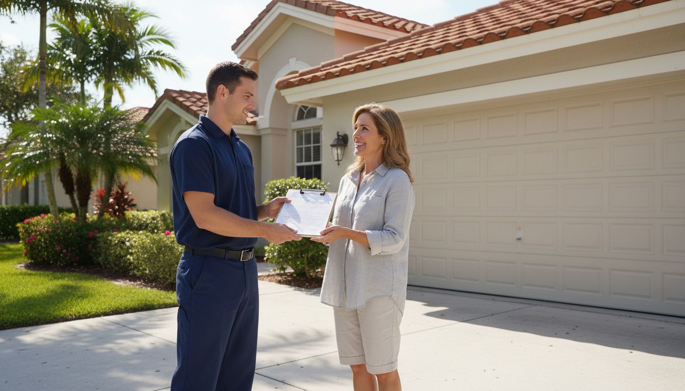 Garage door technician handing a warranty document to a homeowner outside a South Florida home