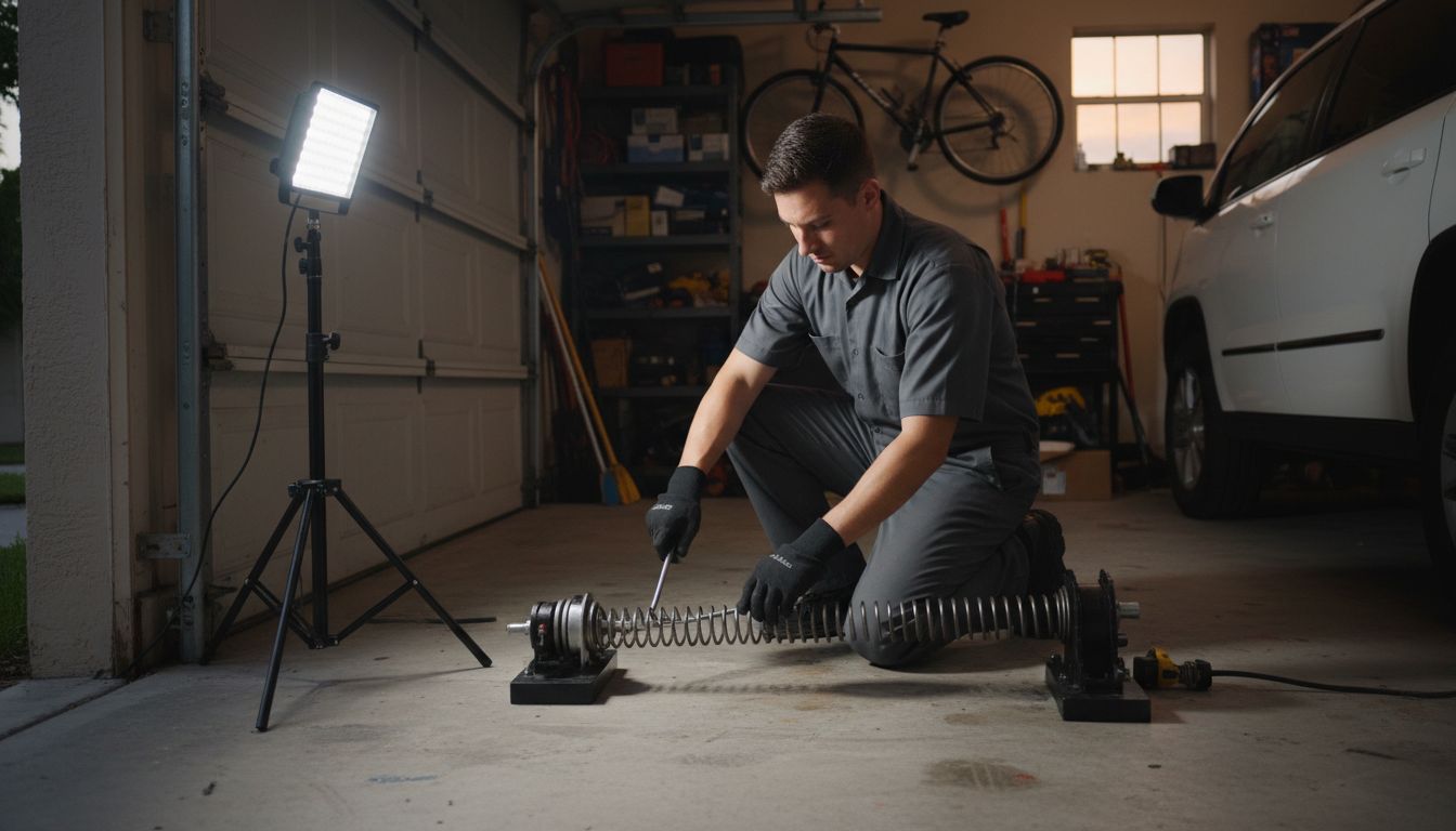 Professional technician servicing a garage door torsion spring assembly safely
