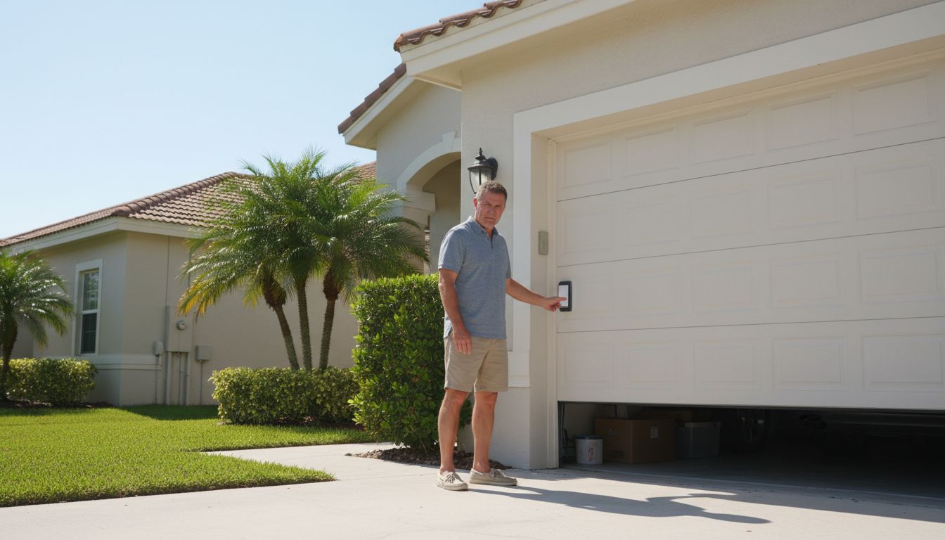 Homeowner pressing a wall-mounted garage door opener button while the door stays stuck